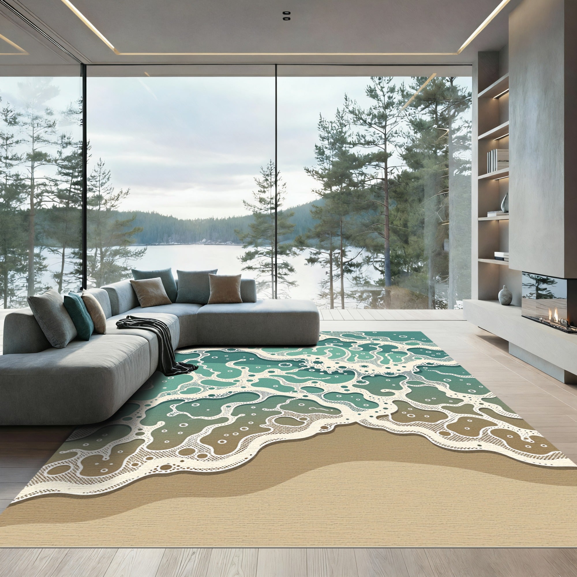 Abstract Teal Oceanic Wave Foam Rug