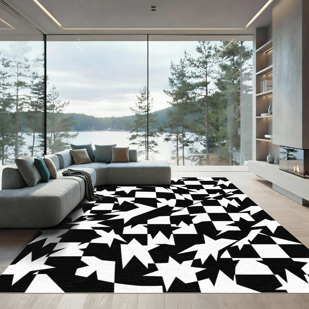 Abstract Monochrome Distorted Checkerboard Star Rug
