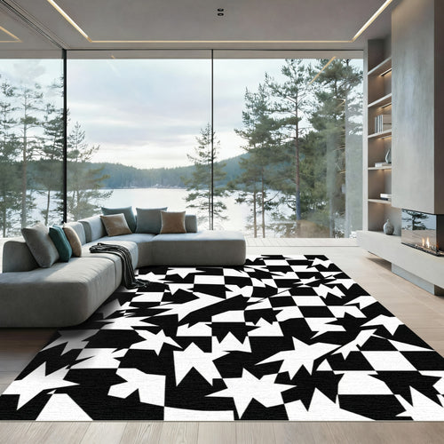 Abstract Monochrome Distorted Checkerboard Star Rug
