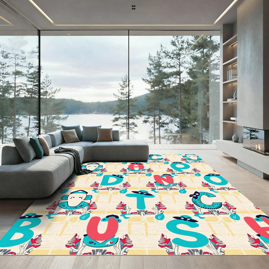 Whimsical Teal Red Alphabet Montage Rug