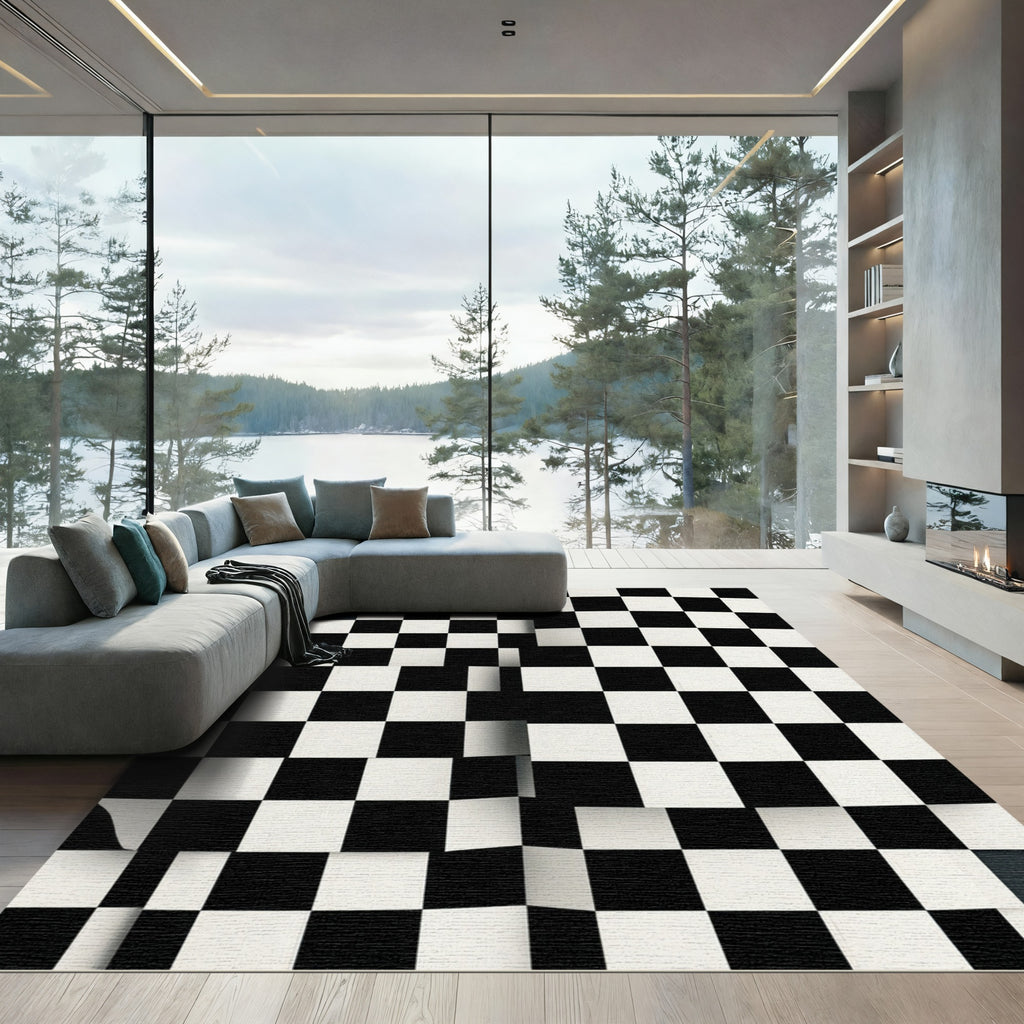 Sharp Black White Checkered Optical Illusion Rug