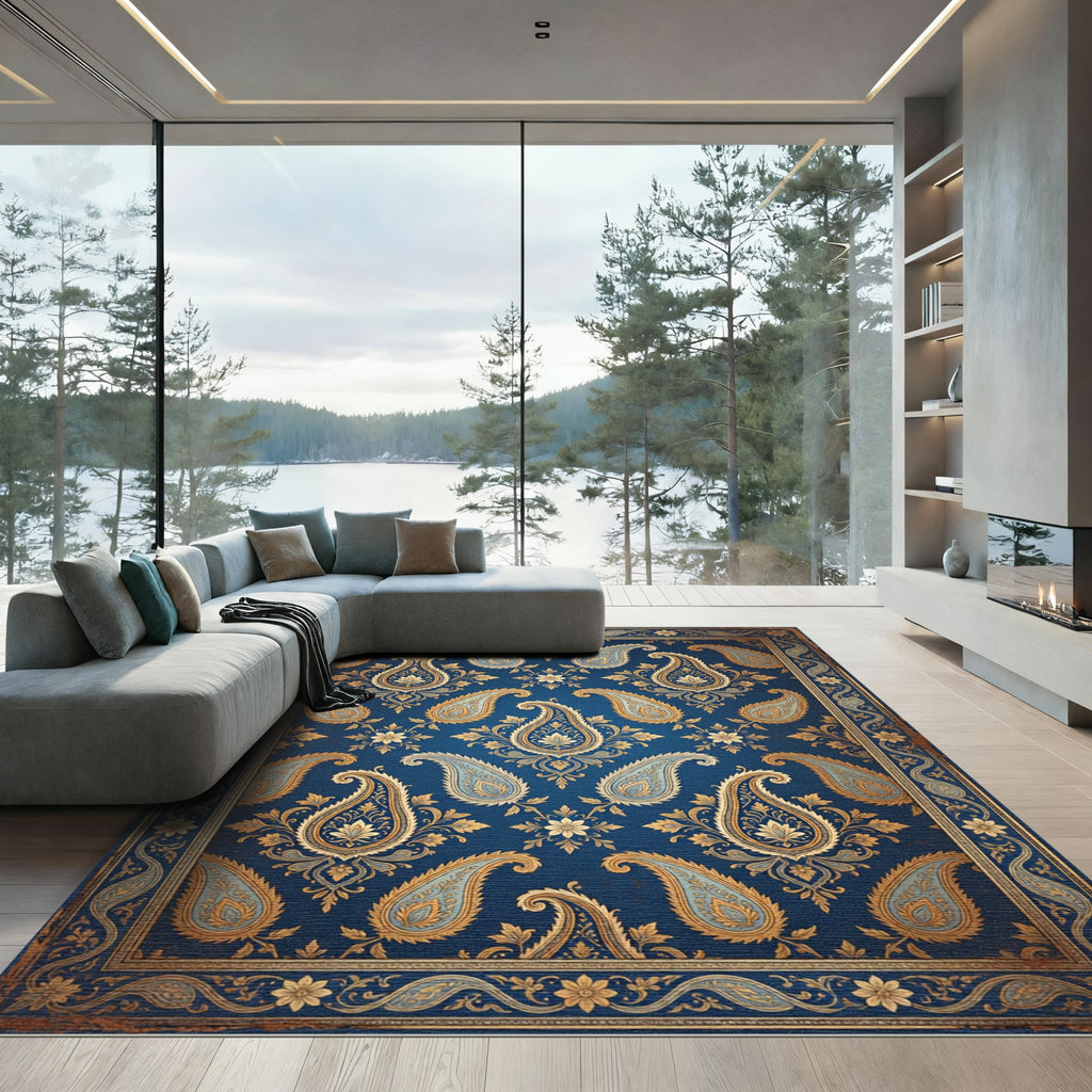 Ornate Navy Gold Paisley Flourish Rug