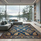 Ornate Navy Gold Paisley Flourish Rug