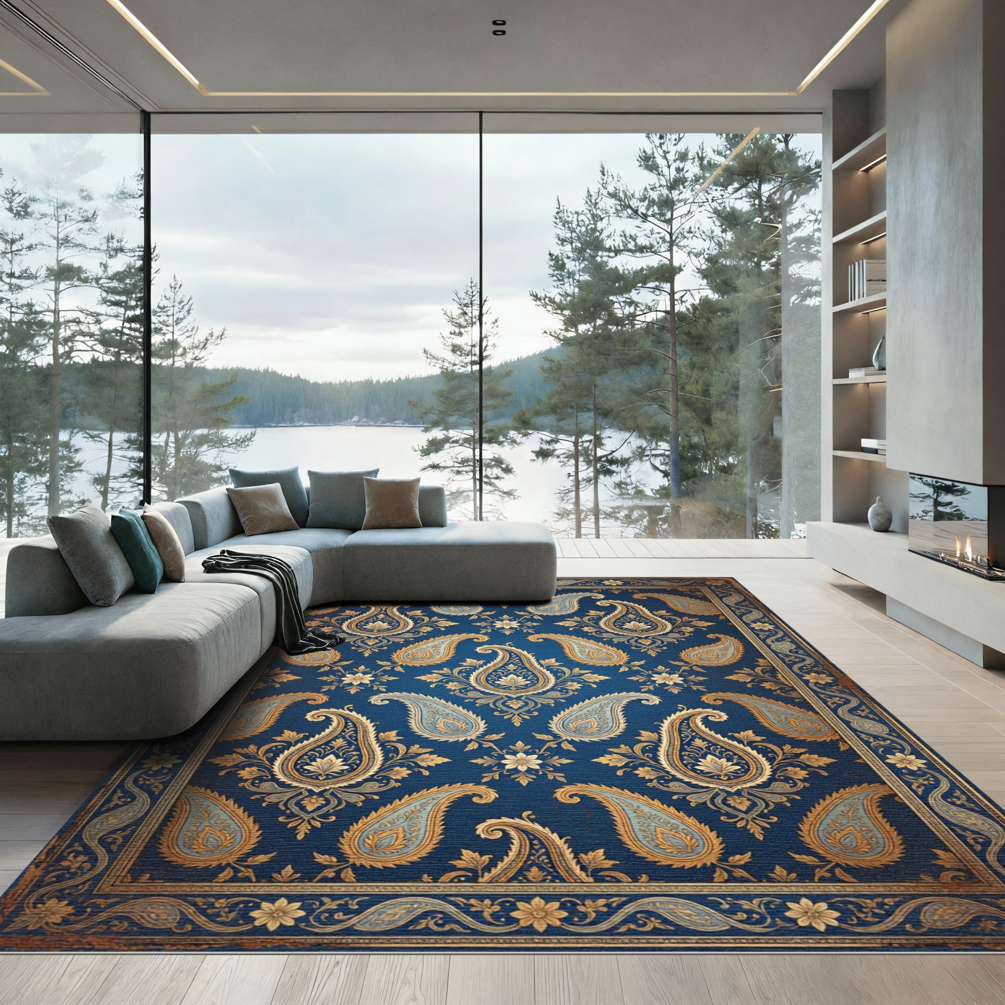 Ornate Navy Gold Paisley Flourish Rug