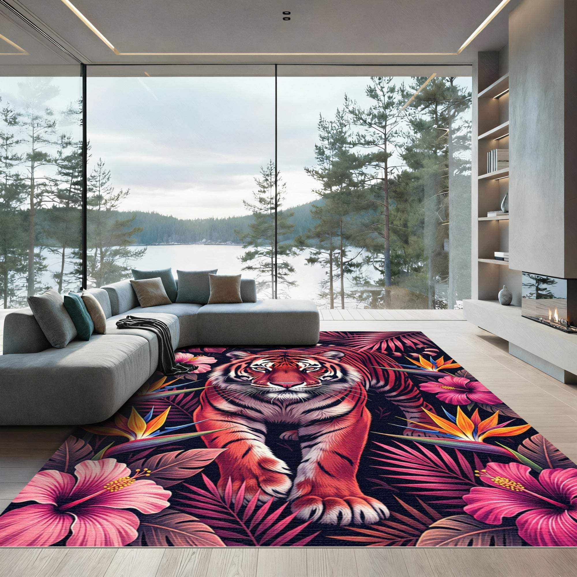 Majestic Tiger Tropical Floral Jungle Art Rug