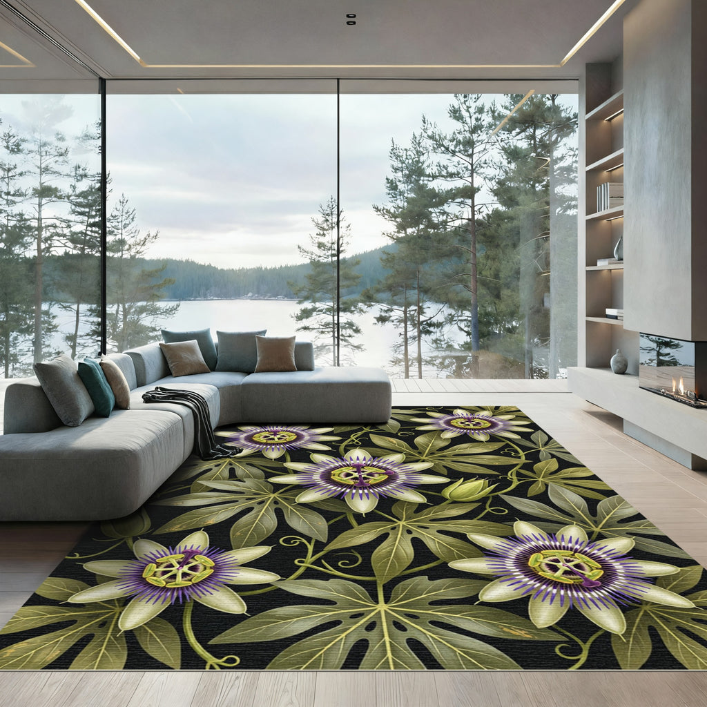 Botanical Passion Flower Cream Olive Rug