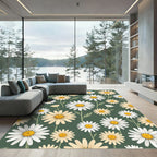 Soft White Daisy Floral Sage Green Rug