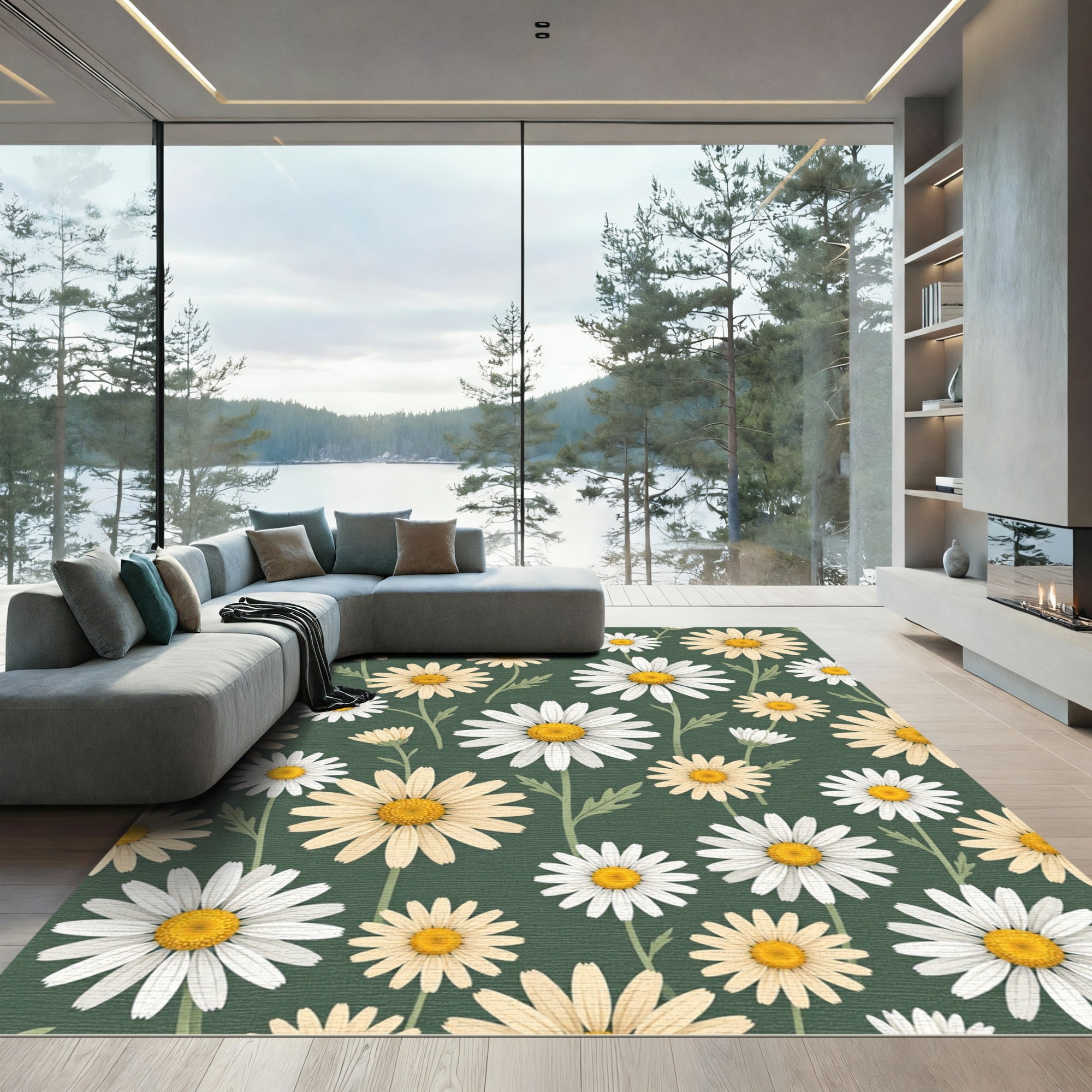Soft White Daisy Floral Sage Green Rug