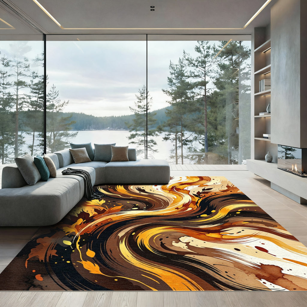 Abstract Amber Brown Swirl Fall Foliage Rug