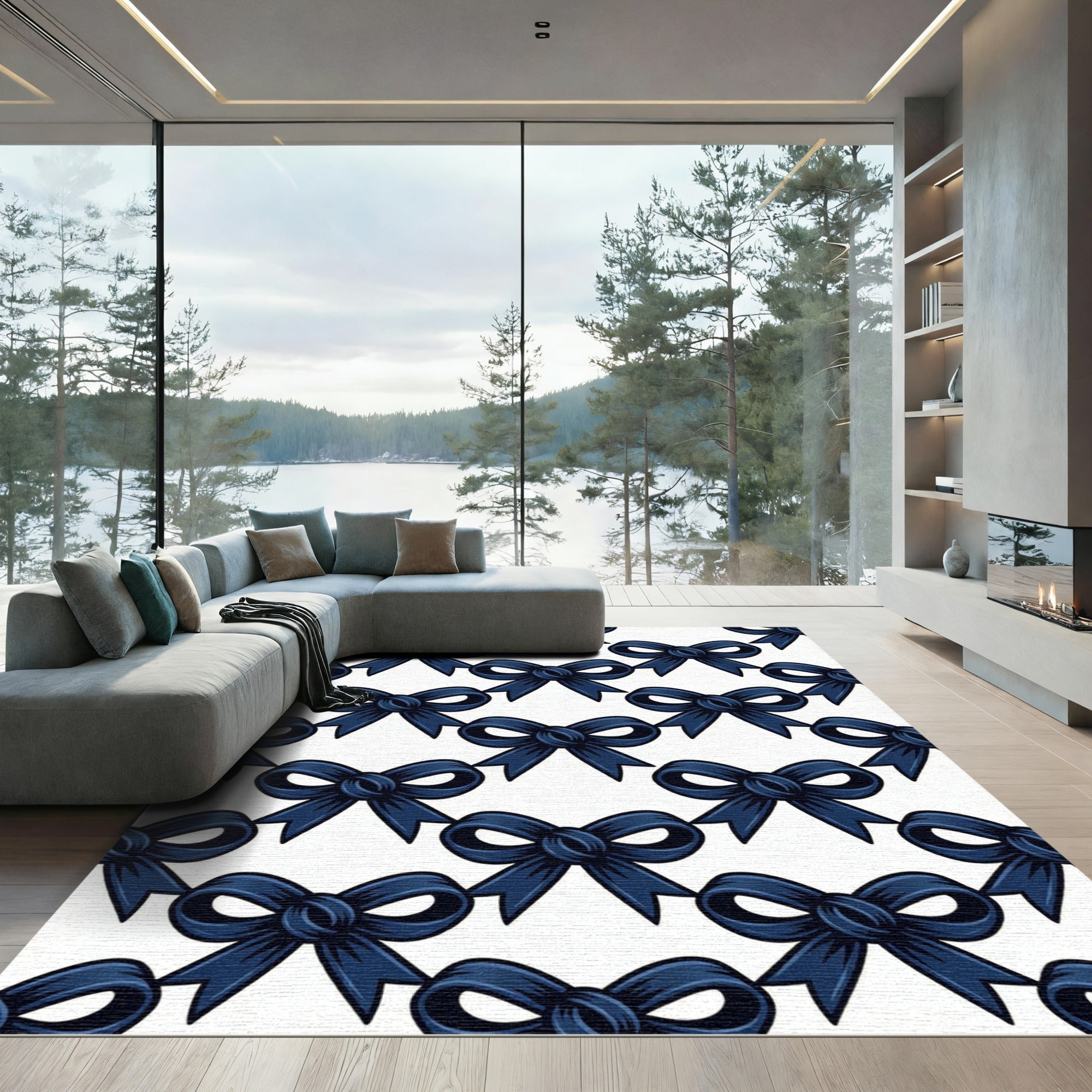 Elegant Navy Blue Bow Repeat Rug