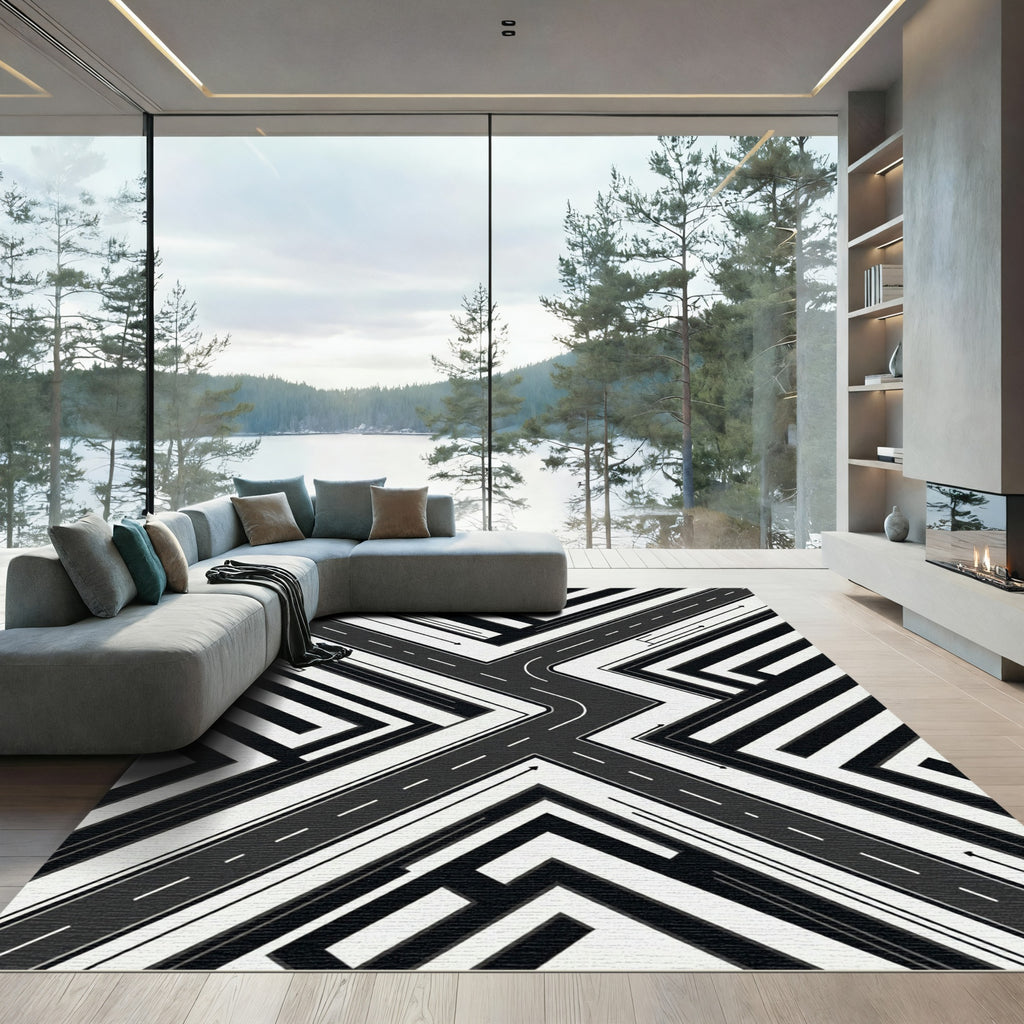 Monochrome Geometric Maze Abstract Road Rug