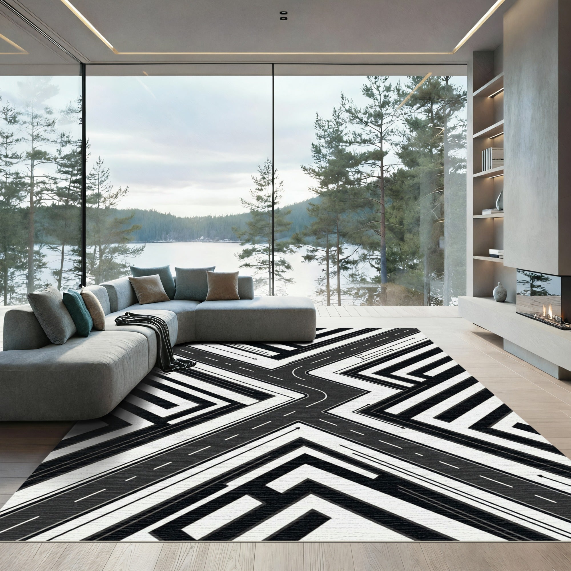 Monochrome Geometric Maze Abstract Road Rug