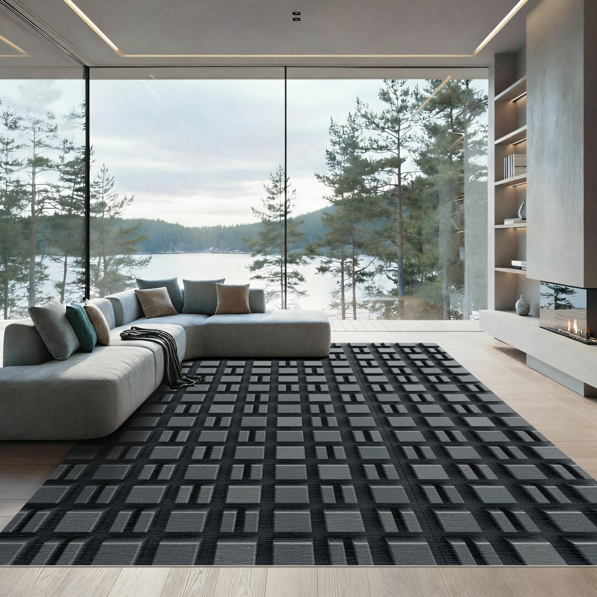 Charcoal Three Dimensional Geometric Block Grid Rug