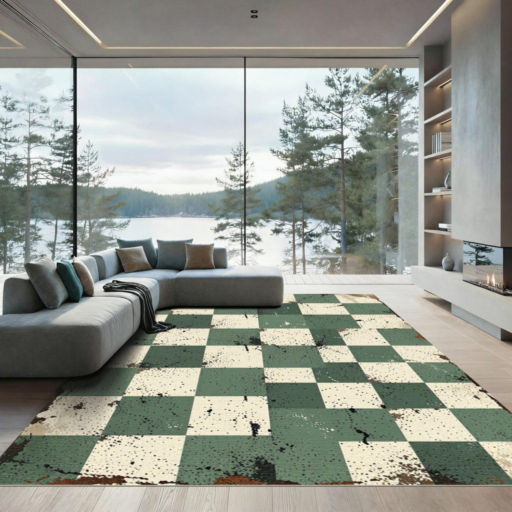Distressed Sage Checkered Grid Rug