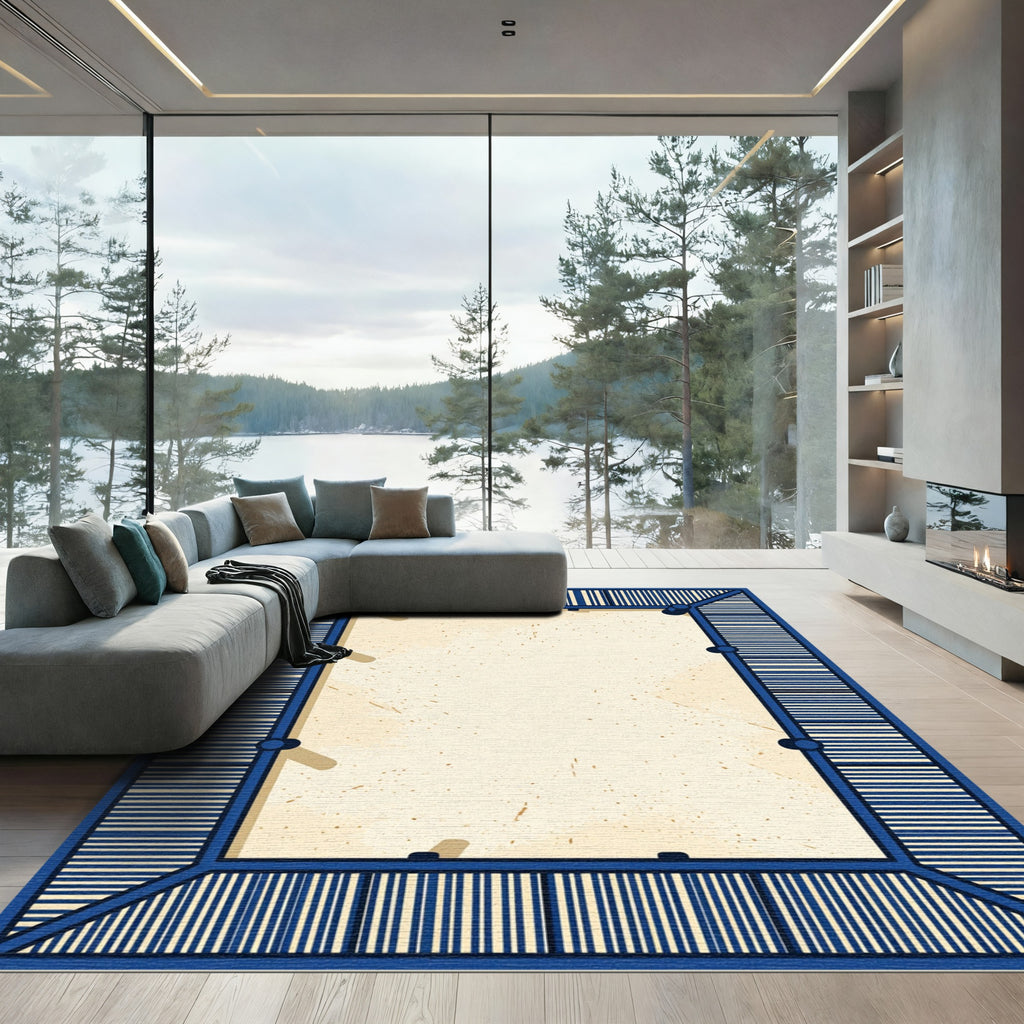 Minimalist Navy Linear Border Frame Rug
