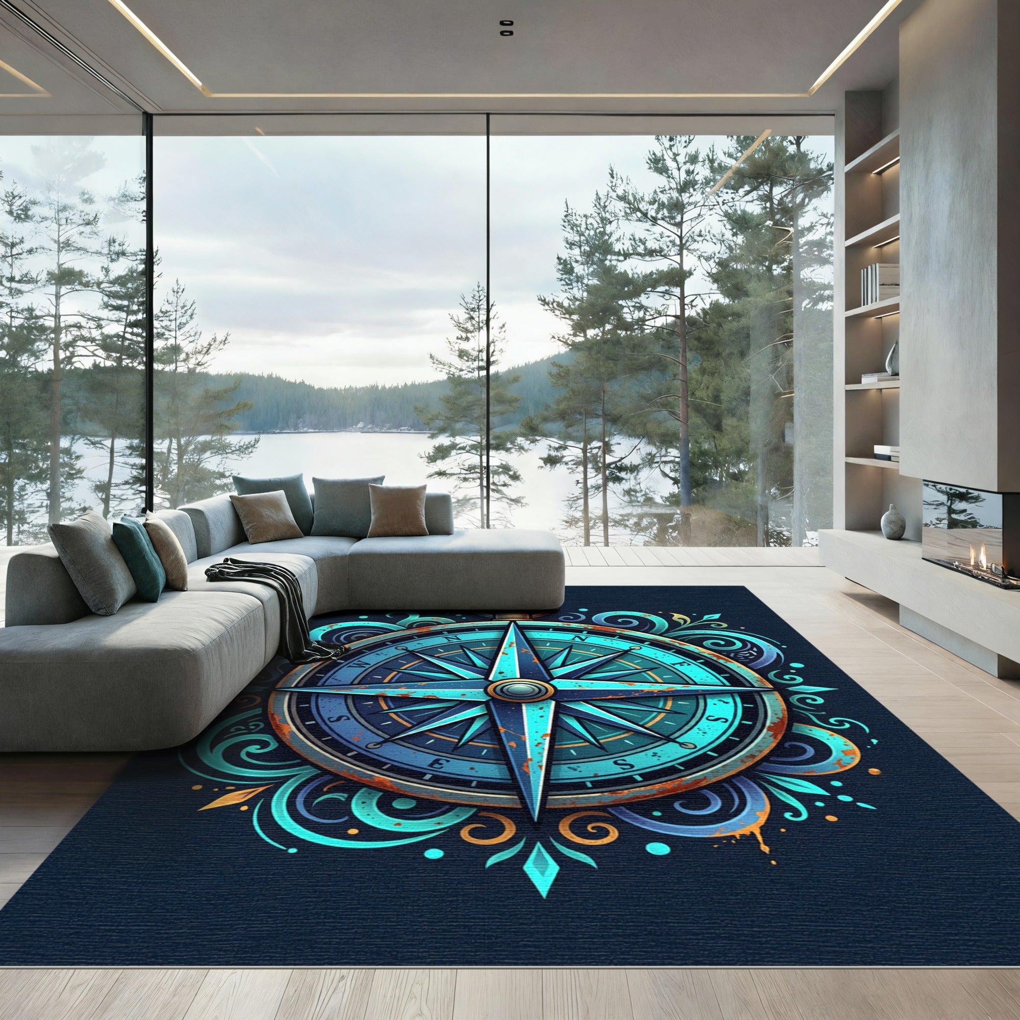 Nautical Blue Compass Rose Swirl Rug