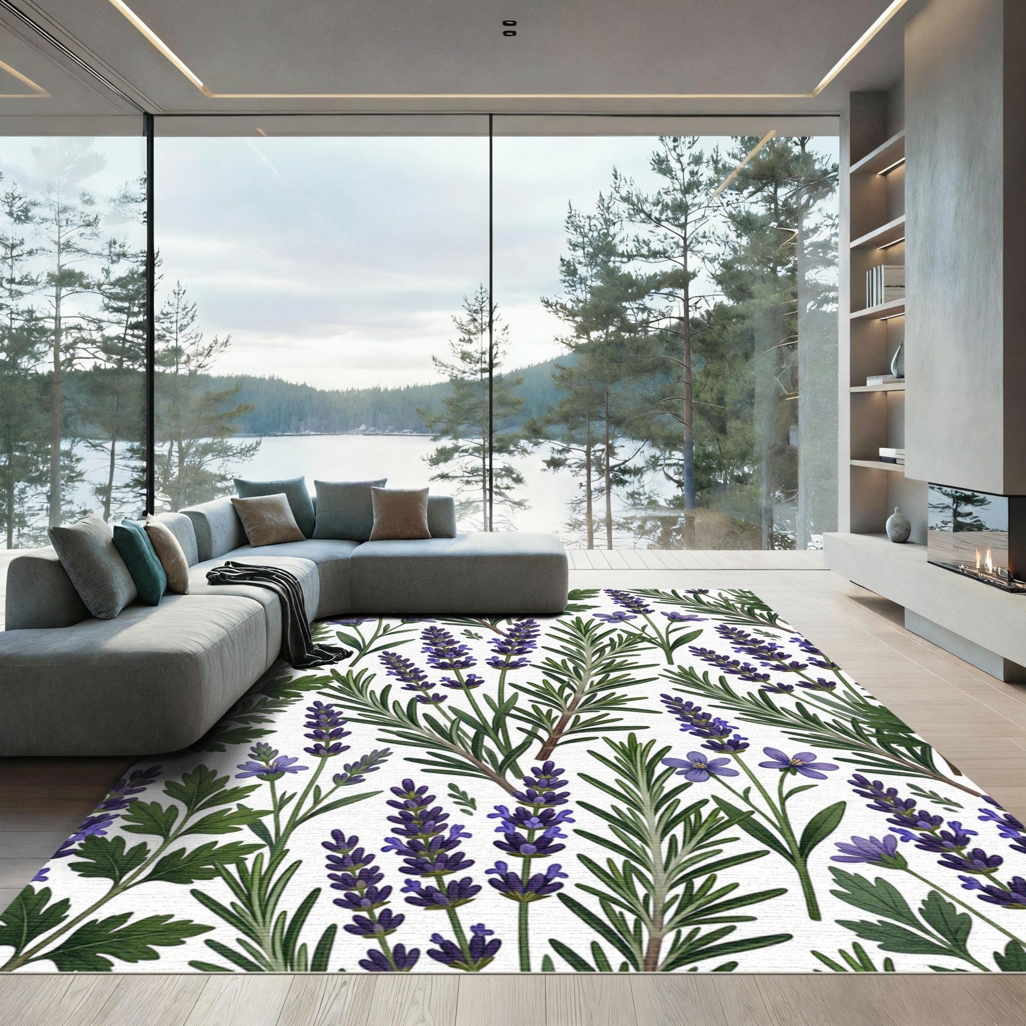 Purple Lavender Greenery Floral Tile Rug