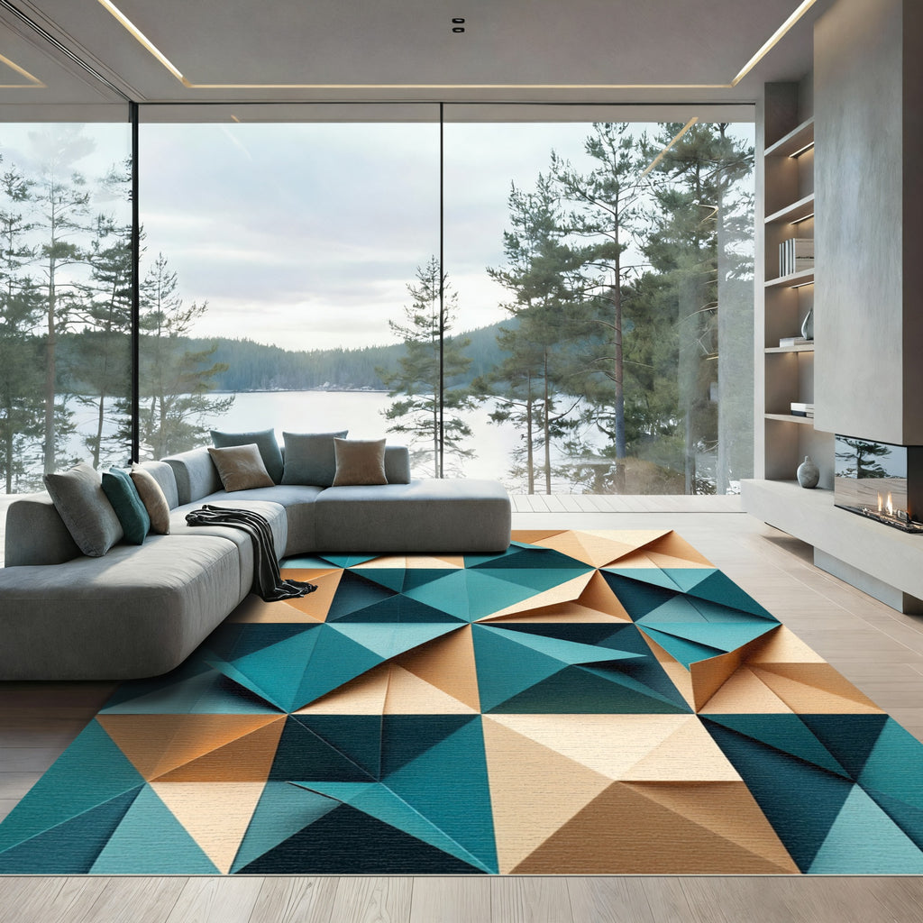 Geometric Teal and Beige Folded Triangle Rug