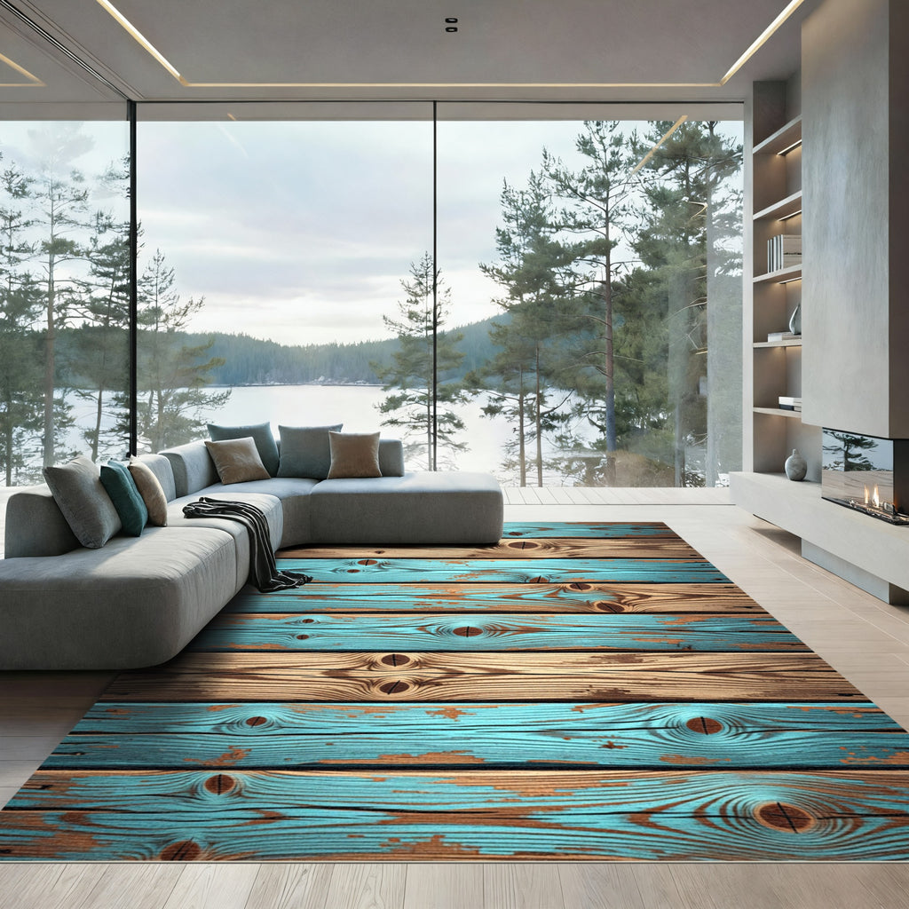 Distressed Aqua Wood Grain Texture Rug