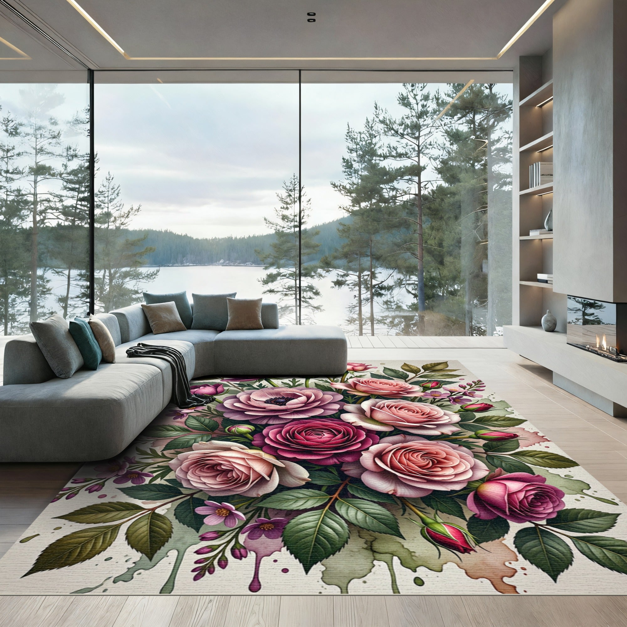 Elegant Pink Rose Bouquet Floral Artwork Rug