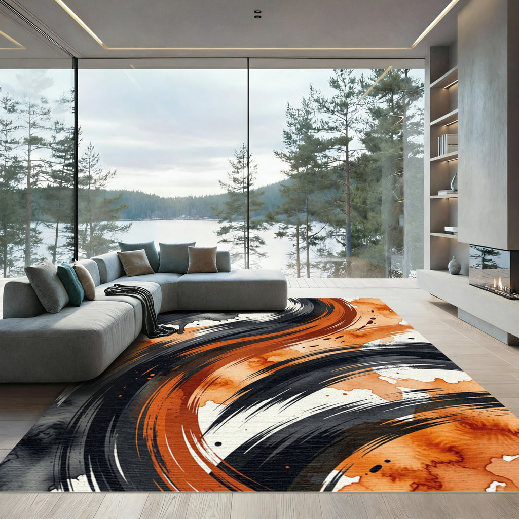 Dynamic Black Orange Swirl Brushstrokes Rug