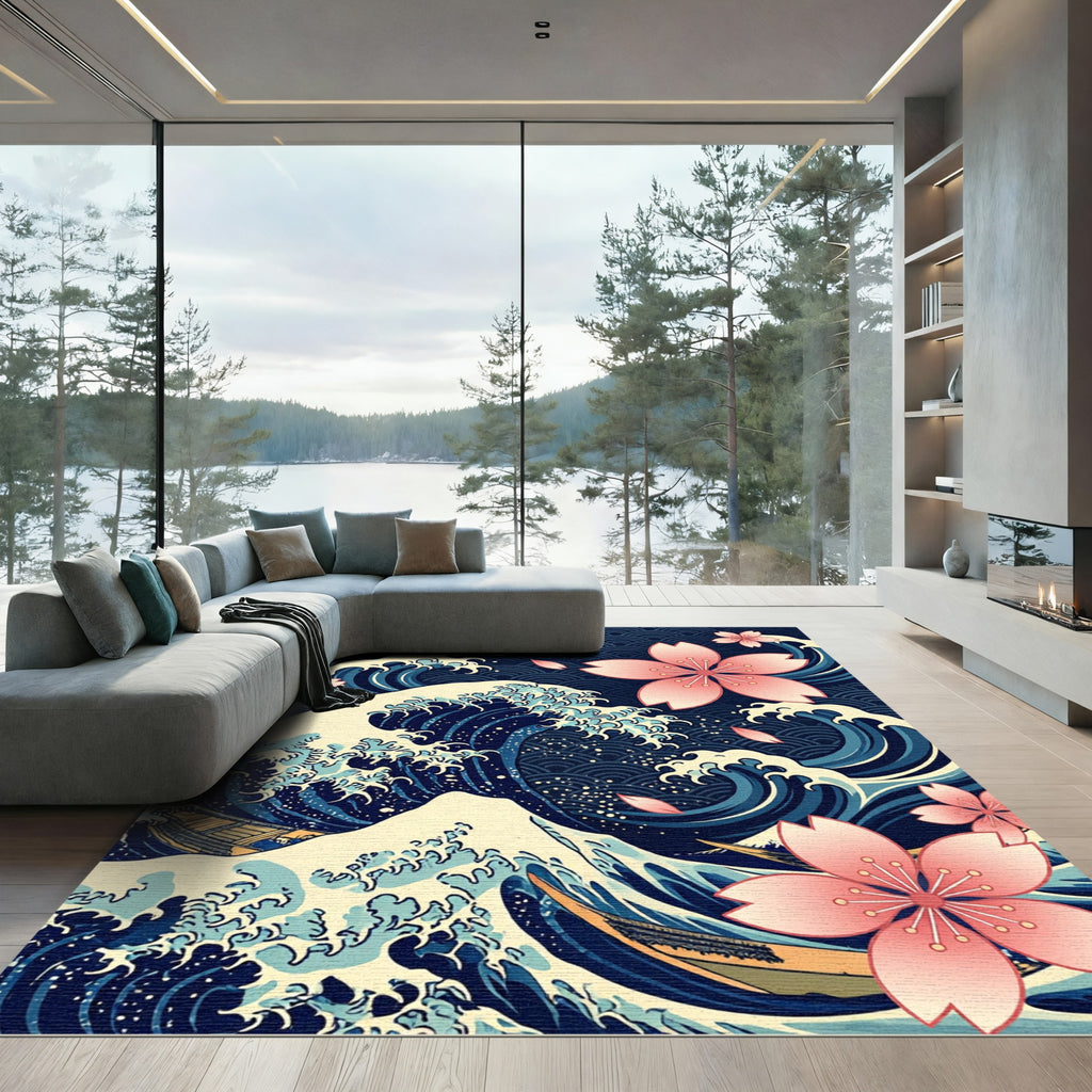 Japanese Wave with Pink Cherry Blossoms Rug