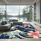Japanese Wave with Pink Cherry Blossoms Rug