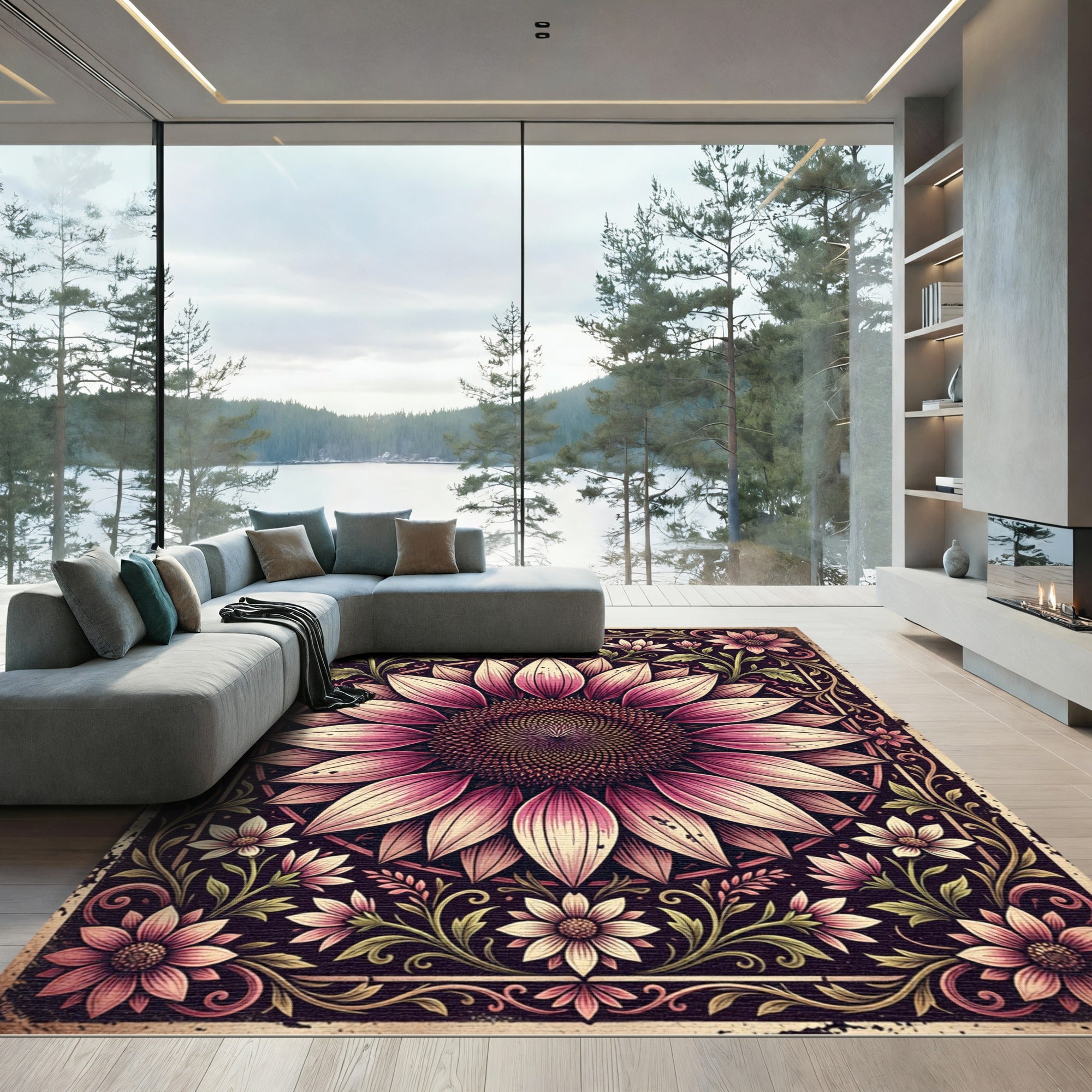 Vintage Pink Botanical Sunflower Medallion Rug