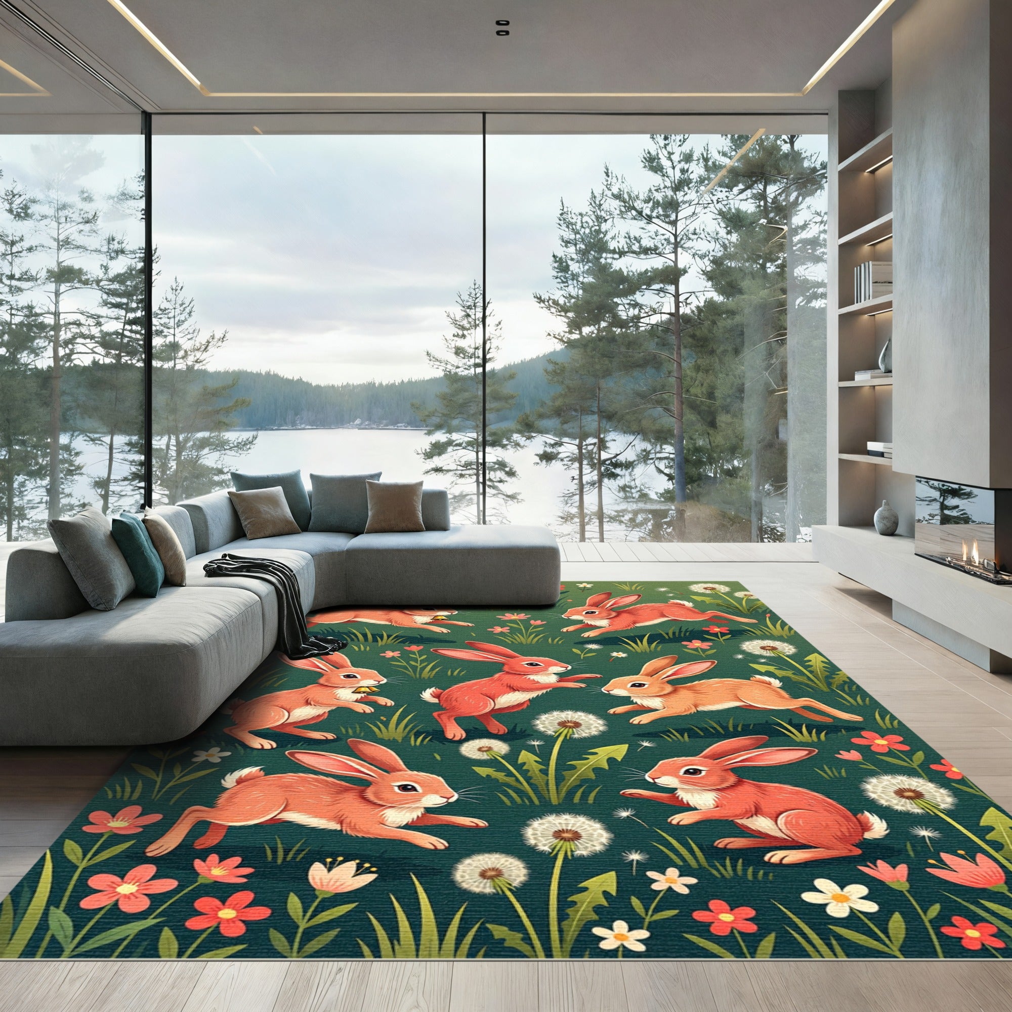 Whimsical Coral Rabbit Meadow Flora Rug