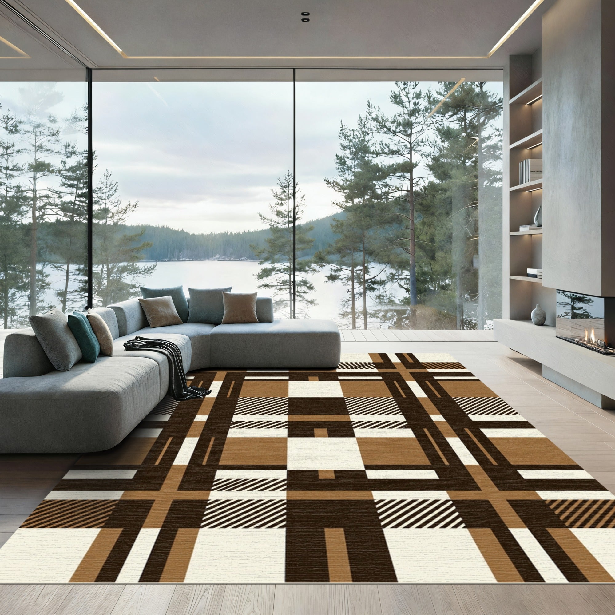 Brown Tan White Plaid Checkered Rug