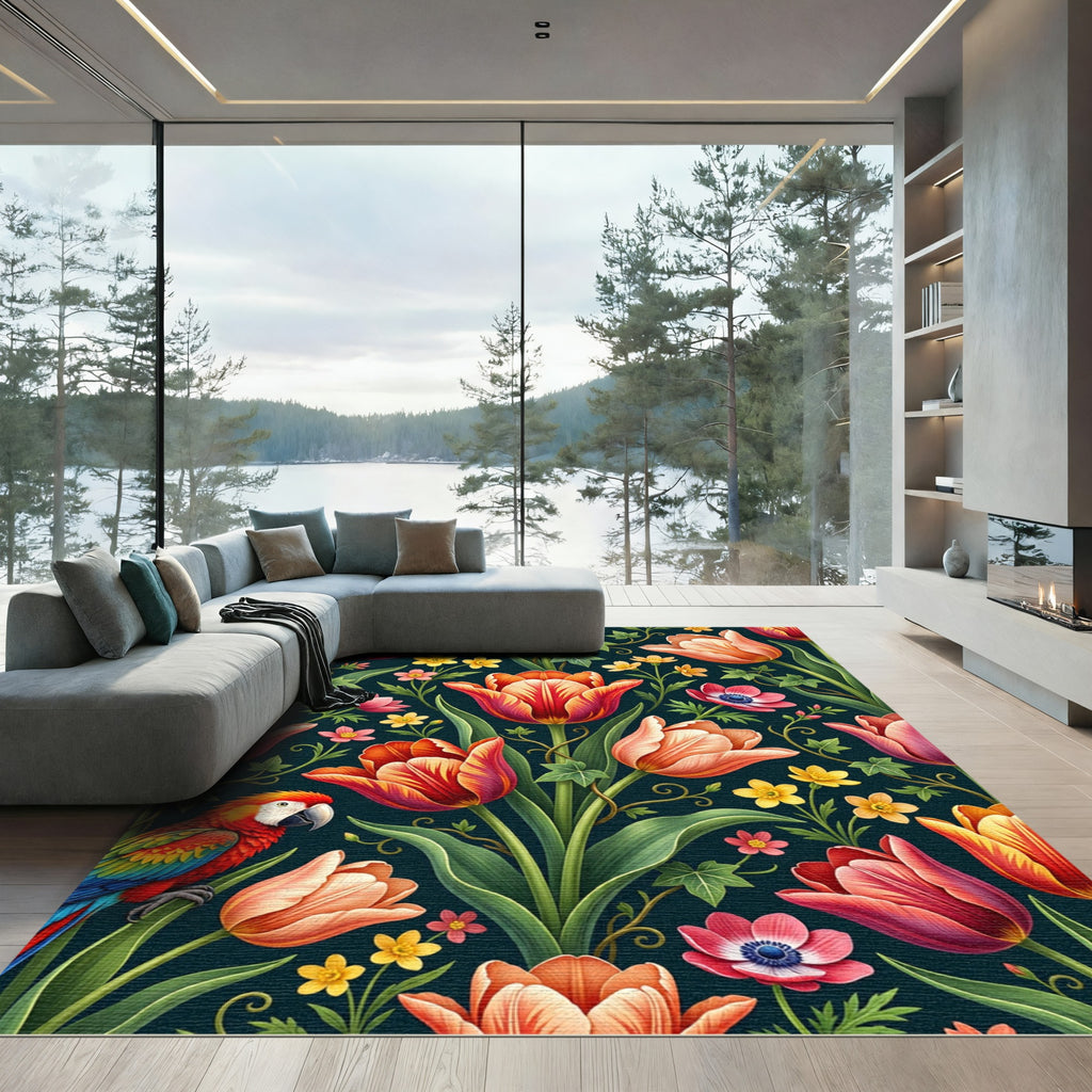 Vibrant Tropical Parrot and Tulip Garden Rug