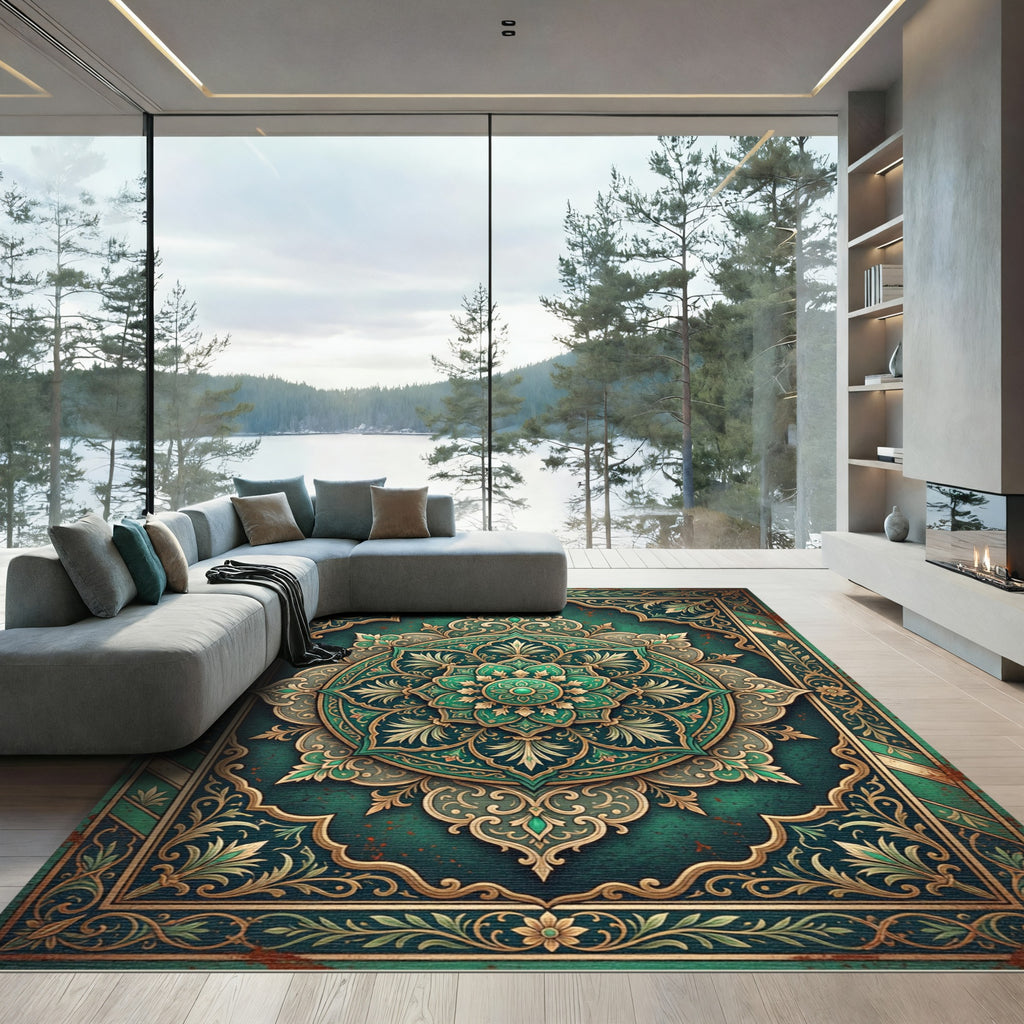 Emerald Vintage Ornate Floral Medallion Rug