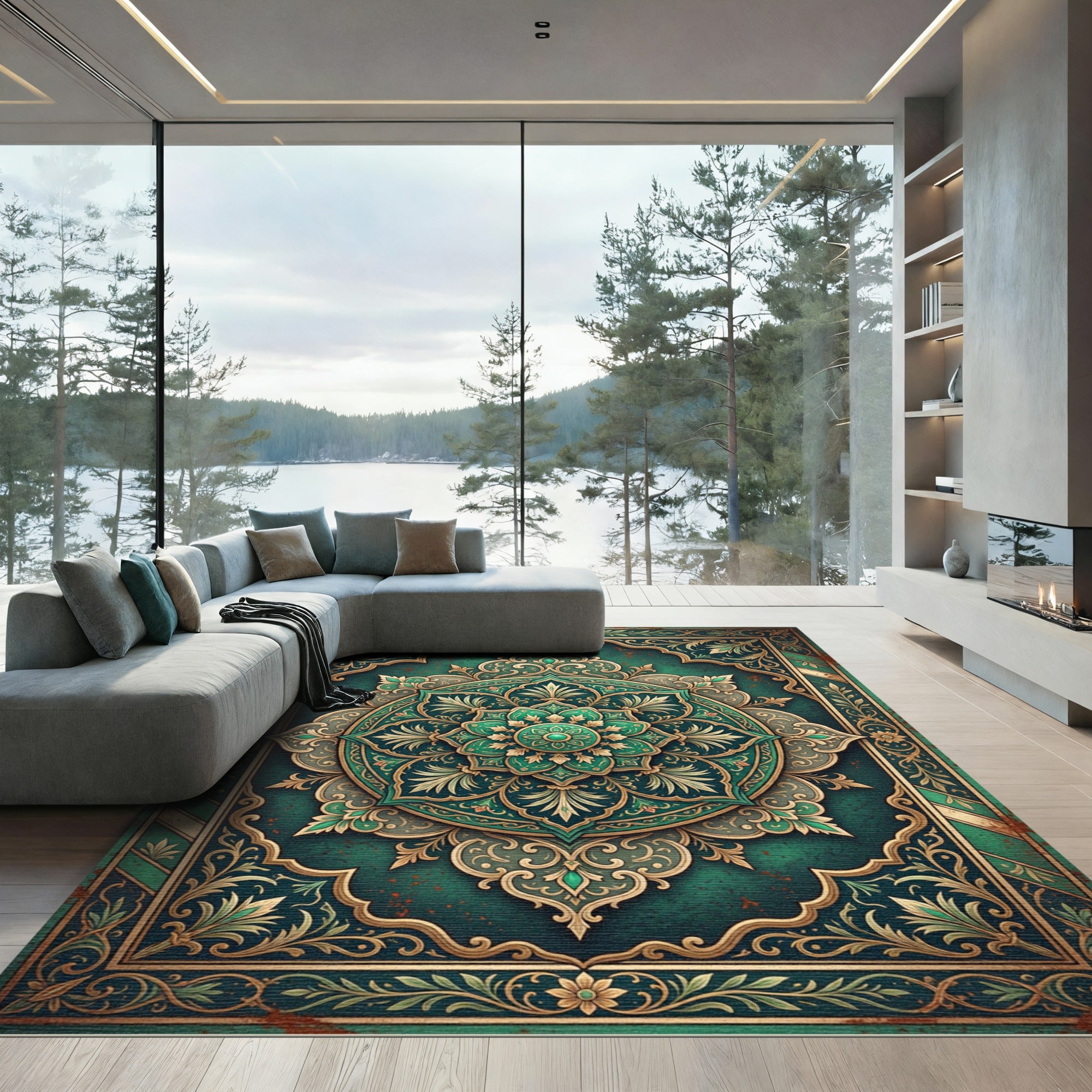 Emerald Vintage Ornate Floral Medallion Rug