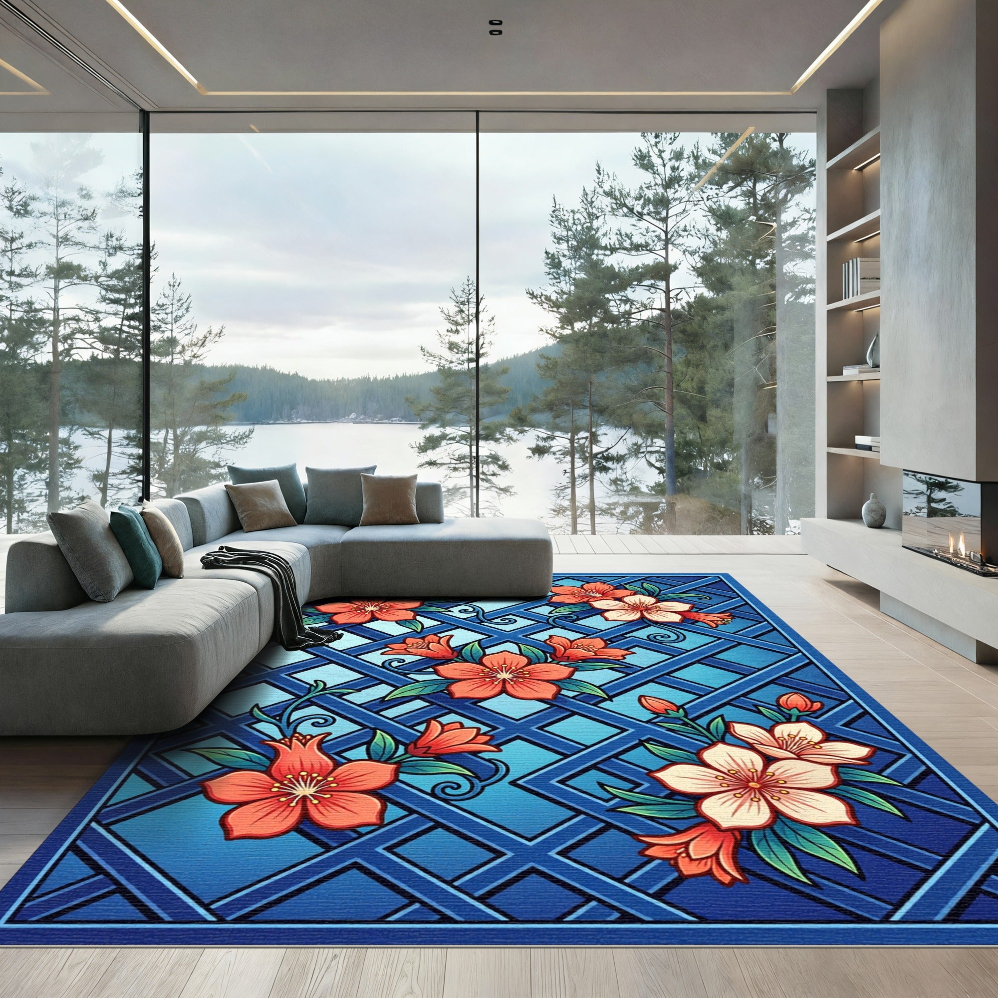 Coral Blossom Lattice Blue Rug