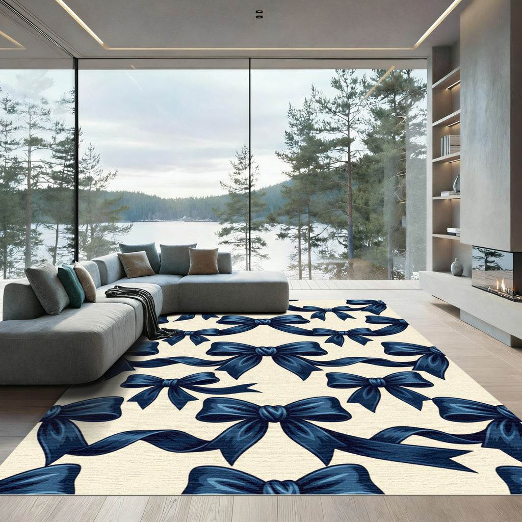 Elegant Navy Blue Bow Ribbon Accent Rug