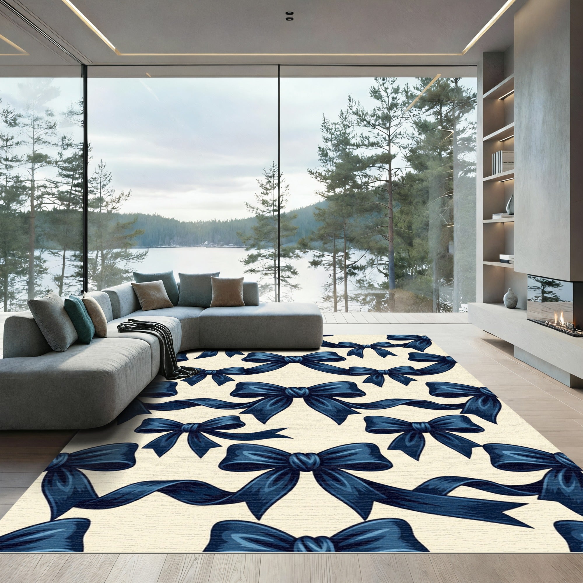 Elegant Navy Blue Bow Ribbon Accent Rug