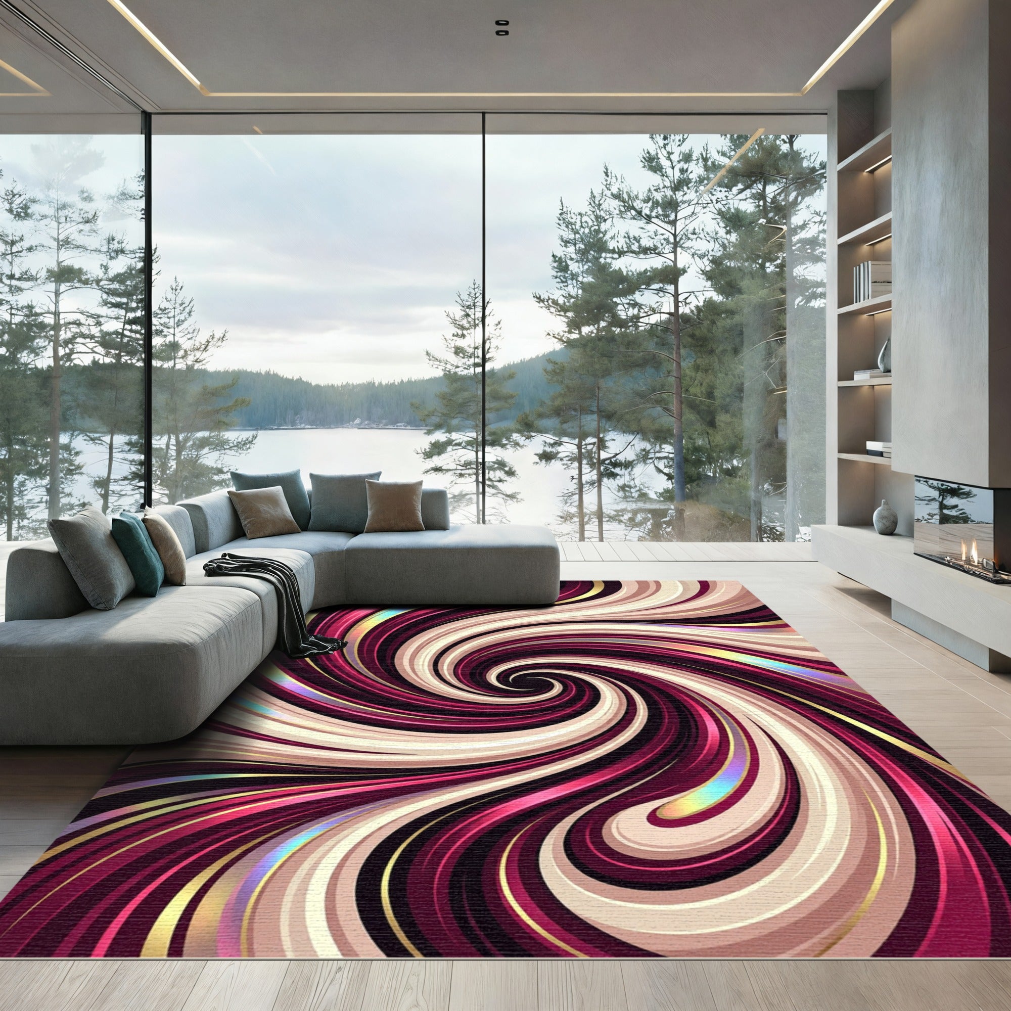 Crimson Cream Swirl Metallic Lines Rug