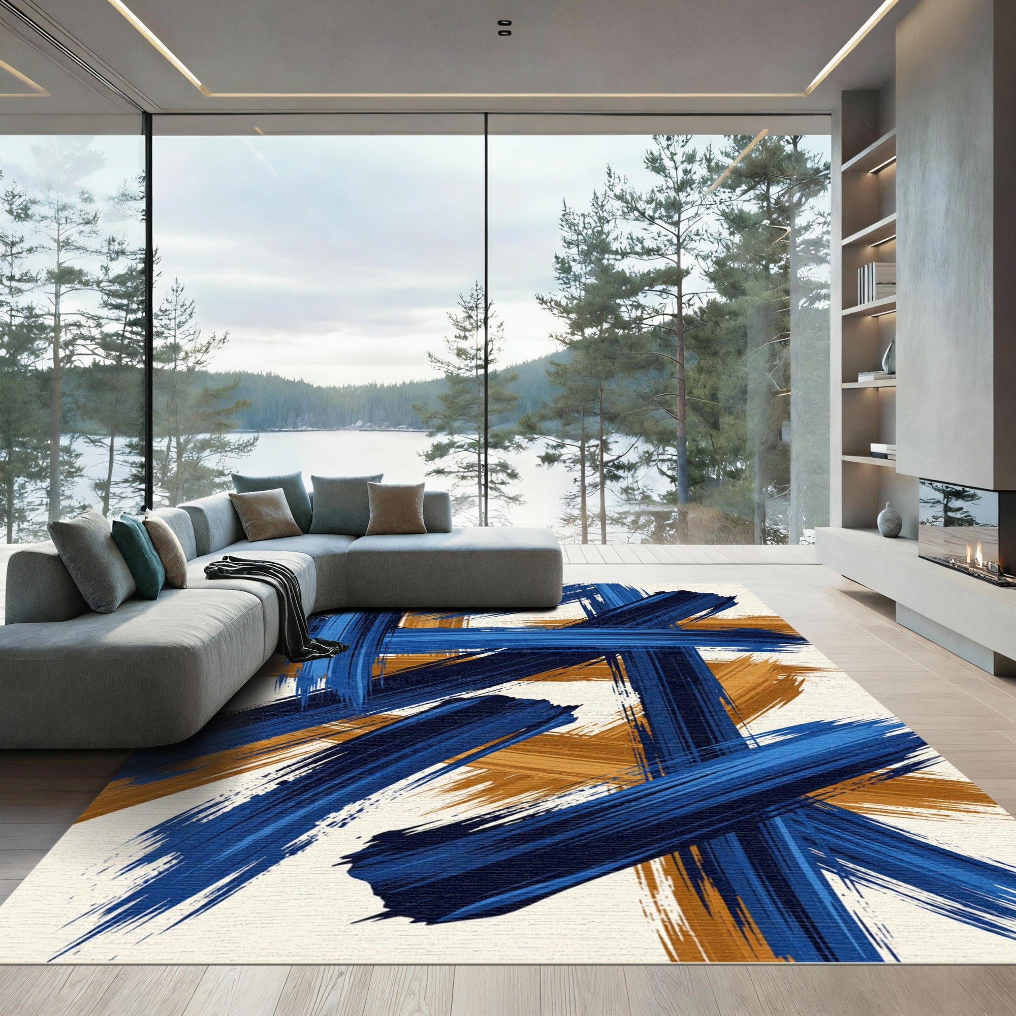 Abstract Navy and Ochre Brushstrokes Rug