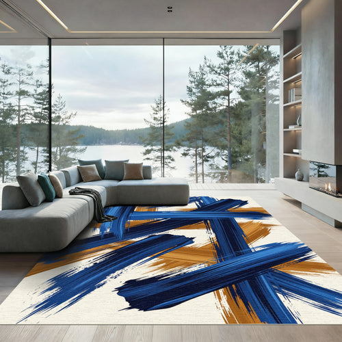 Abstract Navy and Ochre Brushstrokes Rug