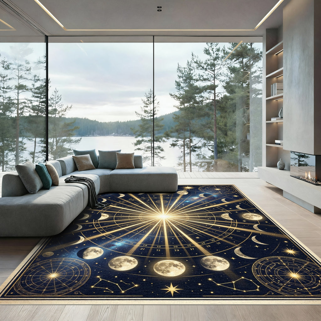 Celestial Gold Moon Phase Starry Night Rug