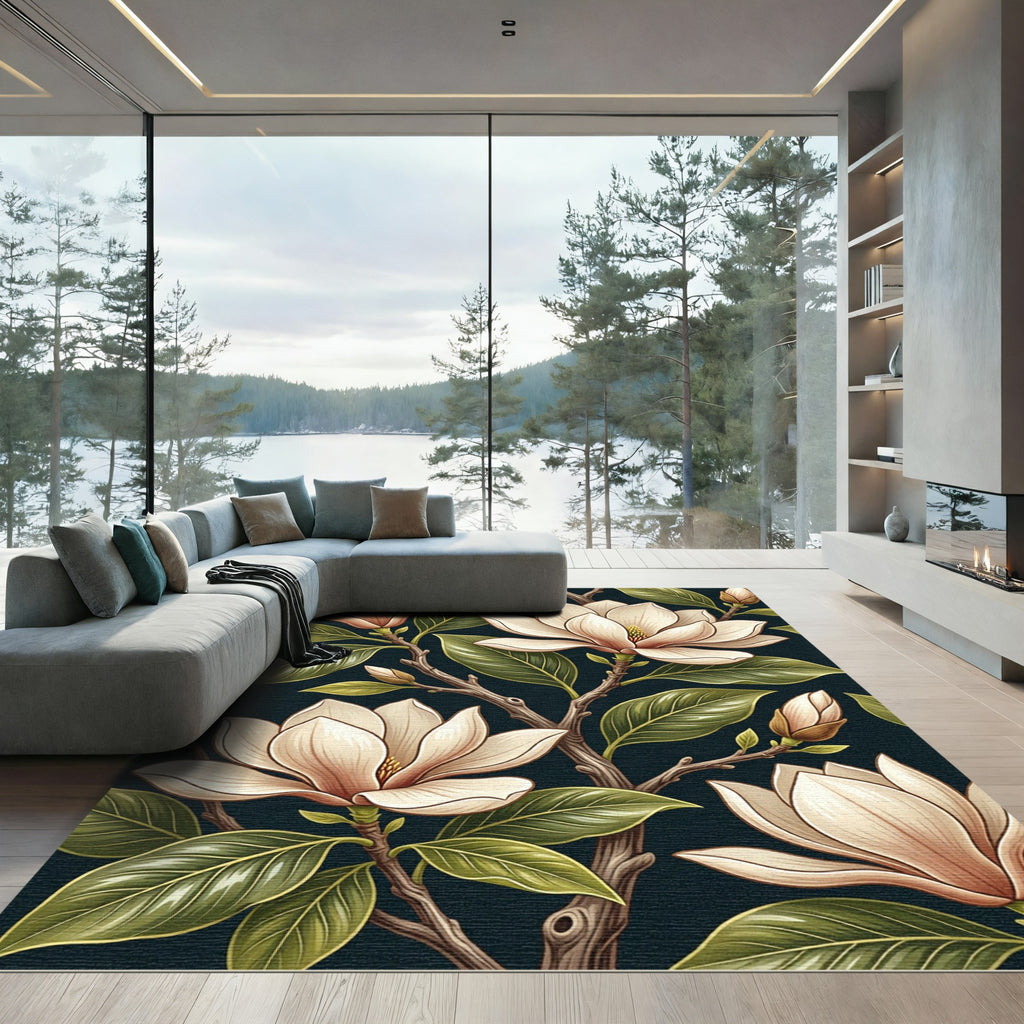 Elegant Magnolia Botanical Cream Dark Floral Rug