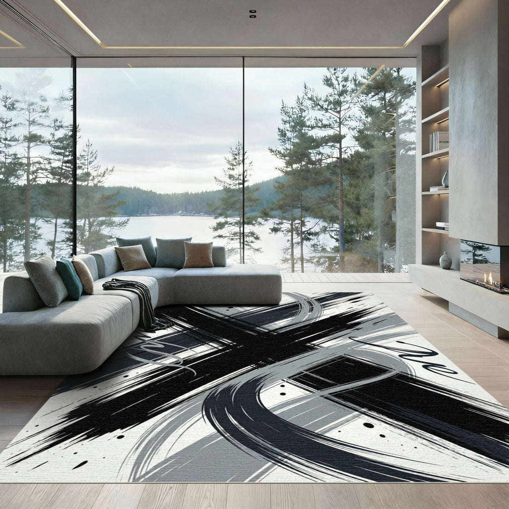 Modern Monochrome Abstract Brush Stroke Art Rug