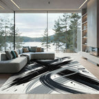 Modern Monochrome Abstract Brush Stroke Art Rug