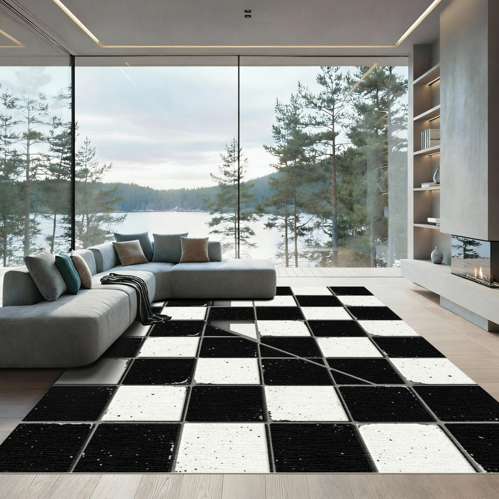 Monochrome Geometric Split Checkerboard Rug