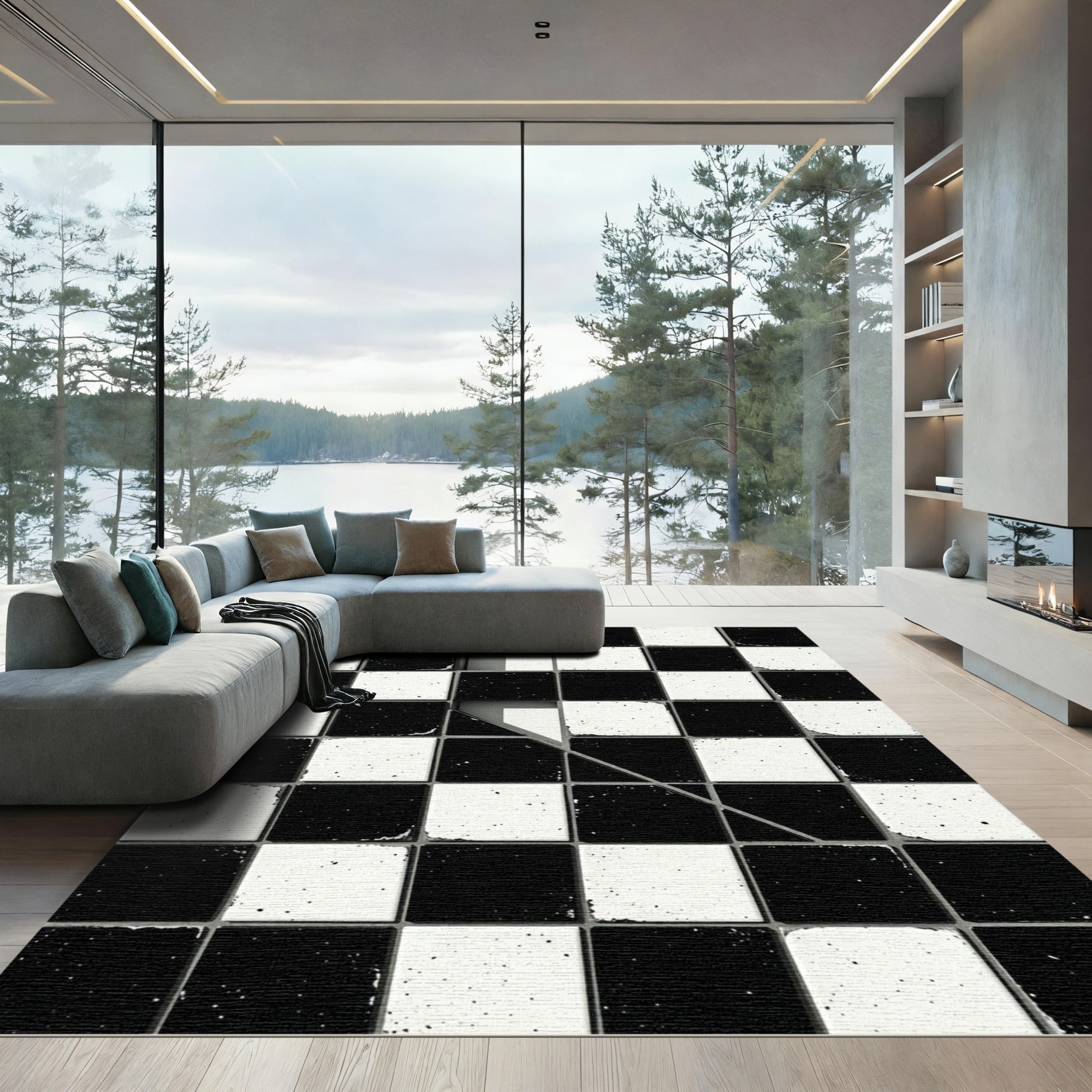 Monochrome Geometric Split Checkerboard Rug