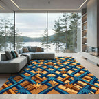 Geometric Blue and Golden Star Lattice Rug
