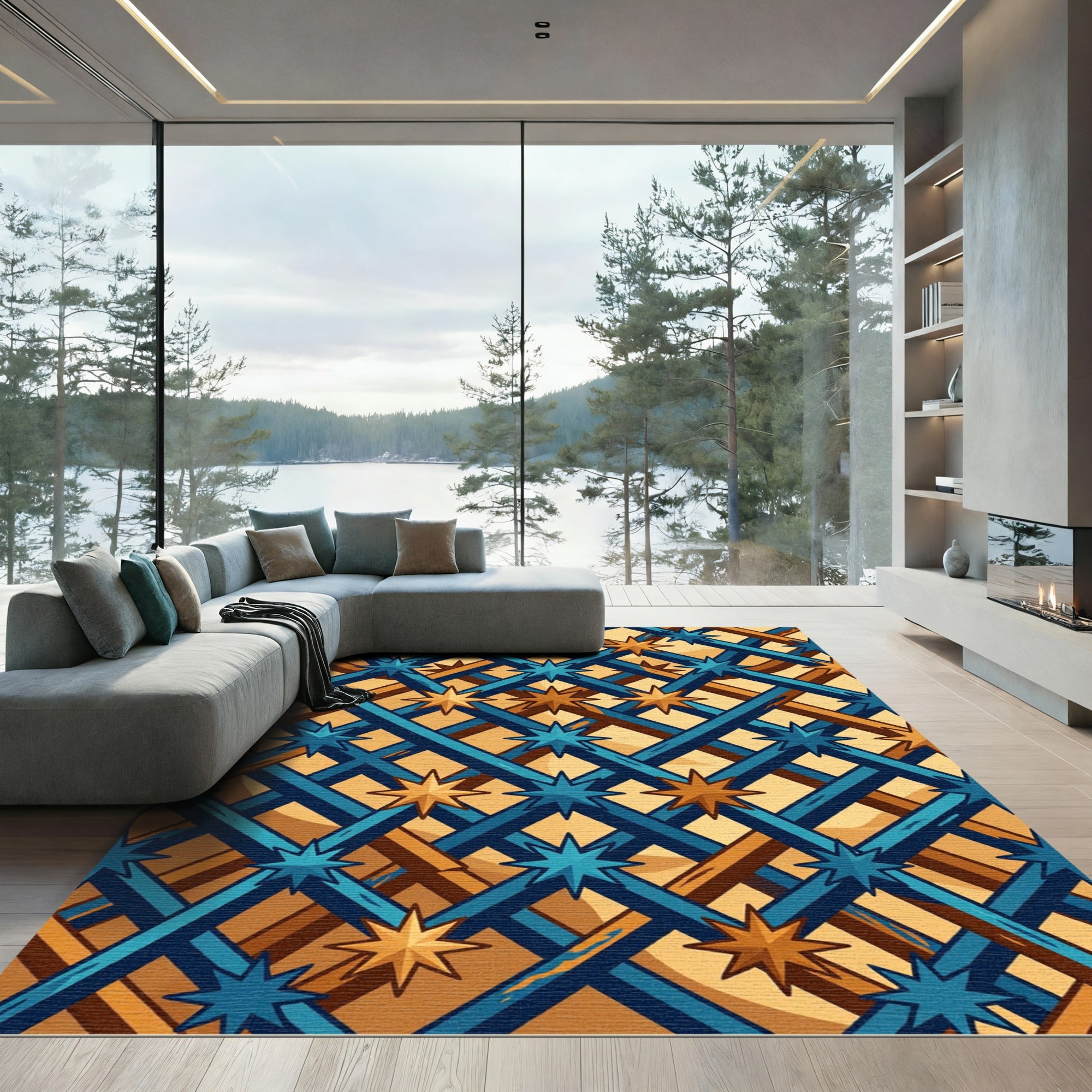 Geometric Blue and Golden Star Lattice Rug