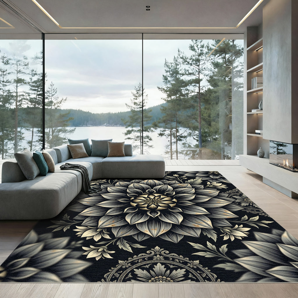 Monochromatic Floral Mandala Art Rug