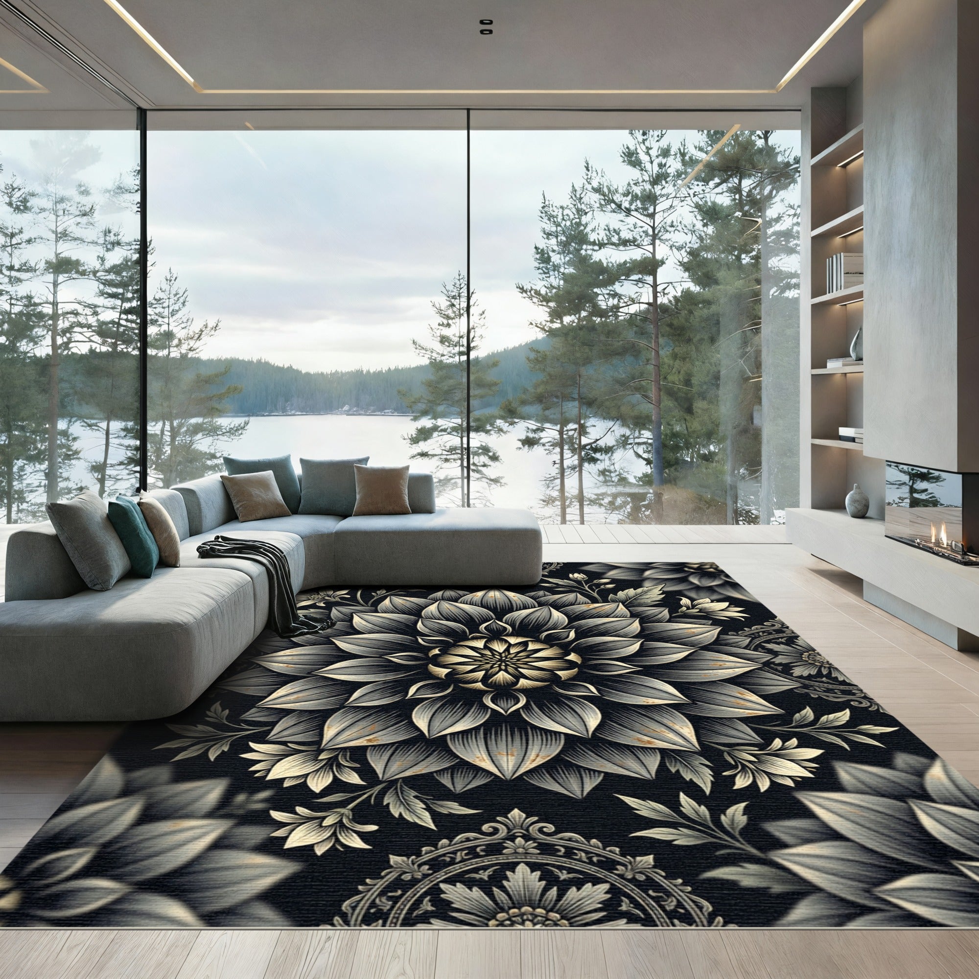 Monochromatic Floral Mandala Art Rug