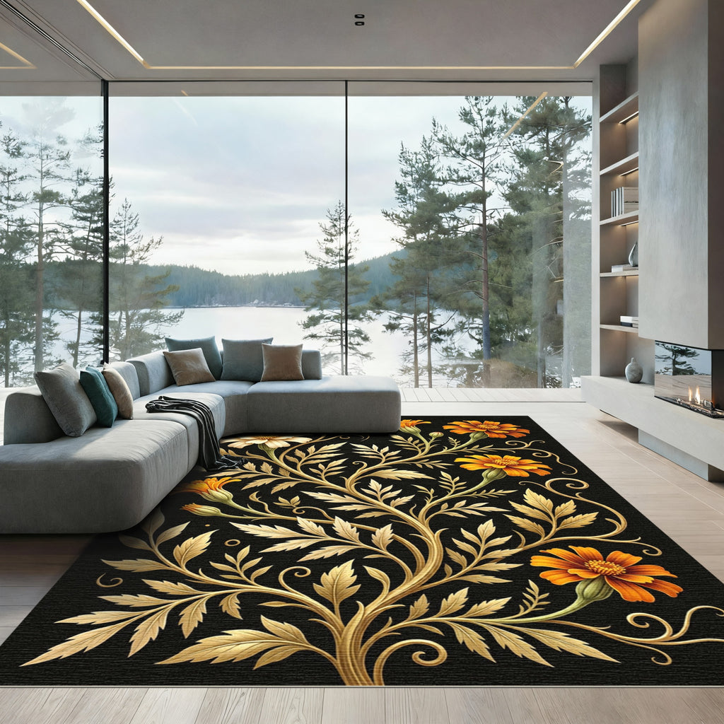 Golden Marigold Floral Botanical Art Rug